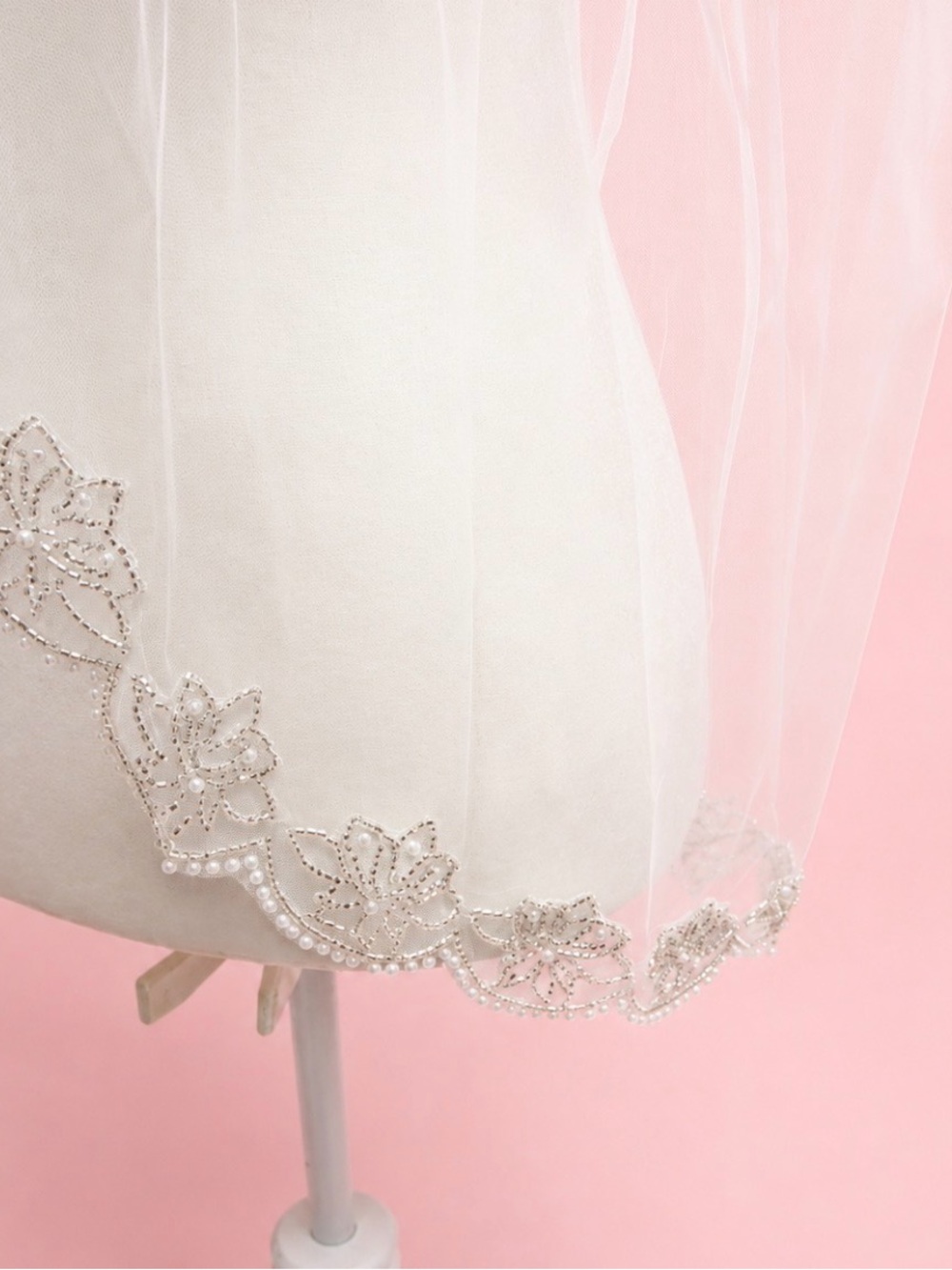 White Bridal Veil with Beaded Edges - Picture 2 of 7